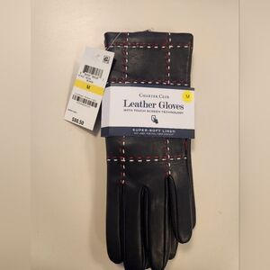 NWT Charter Club Black Leather Gloves with Red and White Stitching Sz M